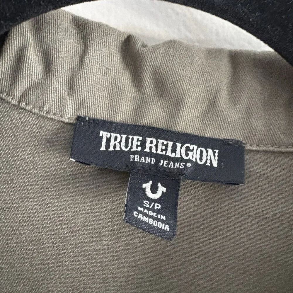 True Religion Men S Olive Green Casual Button Front Buddha Logo Military Jacket